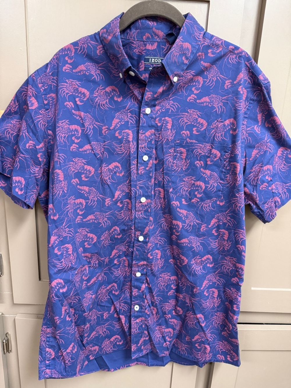 Izod Short-Sleeve Button-Down Shirt Purple & Pink Crawfish Print, Cotton Blend